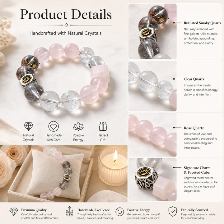 14mm Rose Quartz & Rutilated Quartz & White Phantom Quartz Bracelet - 06 mixed crystal jewelry gift ready box details