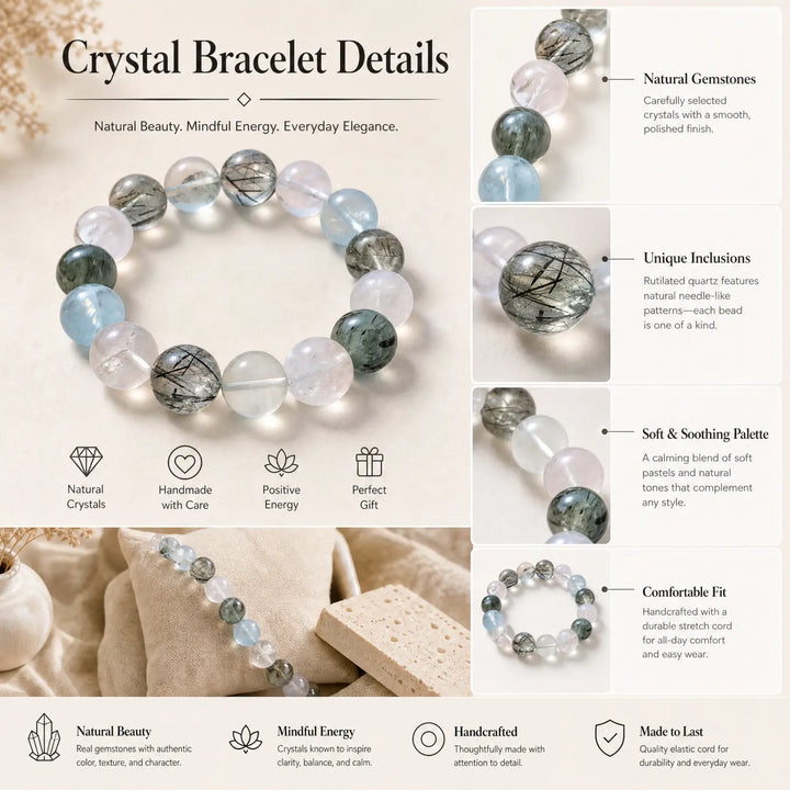14mm Rose Quartz & Clear Quartz & Aquamarine Bracelet - 06 mixed crystal jewelry gift ready box details