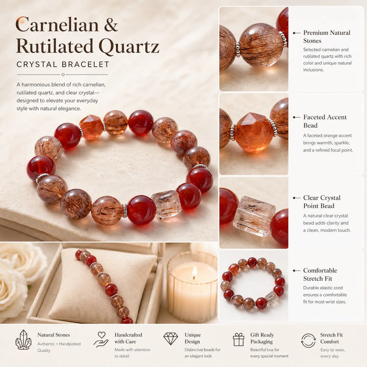 12mm Rutilated Quartz Bracelet - 06 mixed crystal jewelry gift ready box details