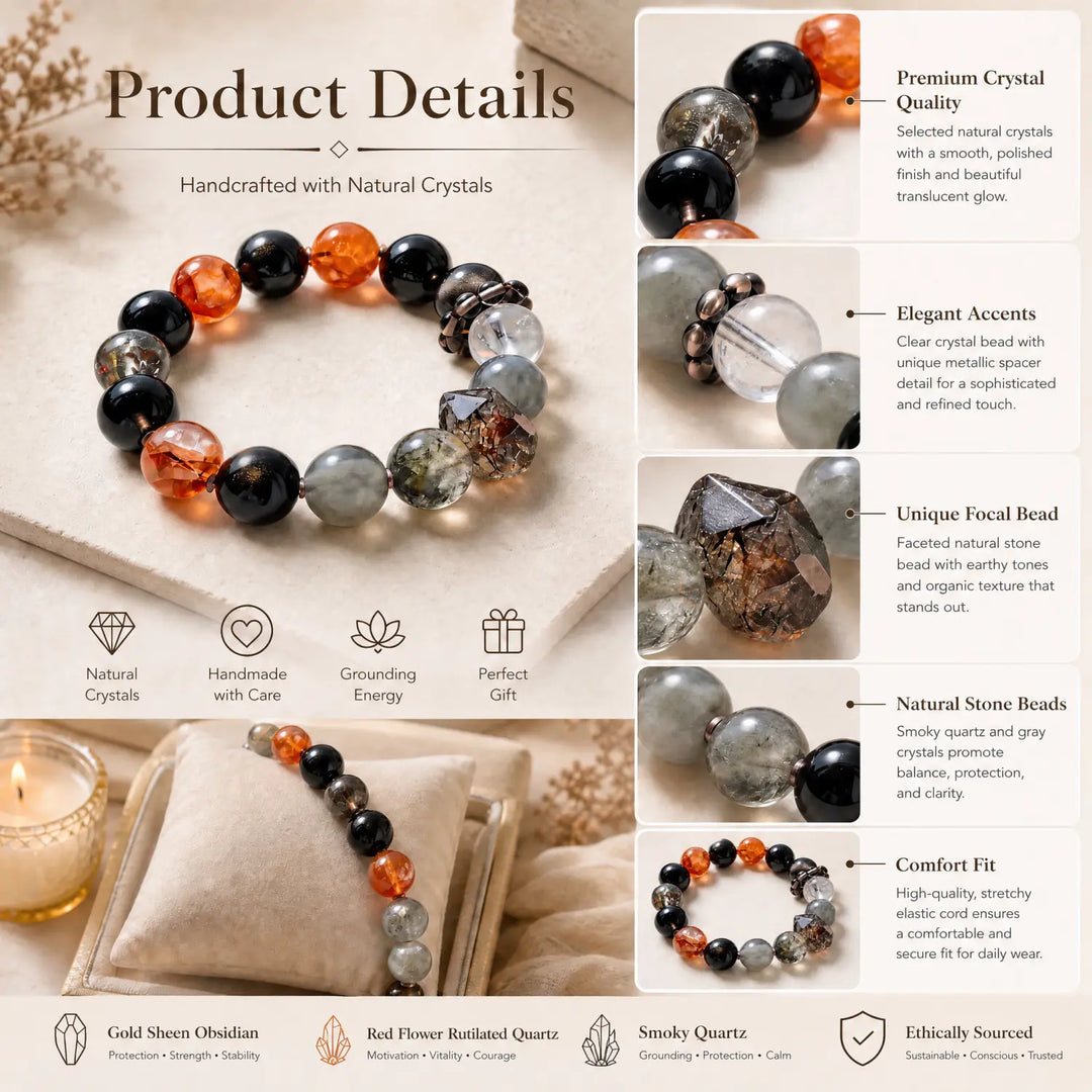 14mm Clear Quartz & Smoky Quartz & Obsidian Bracelet - 06 mixed crystal jewelry gift ready box details