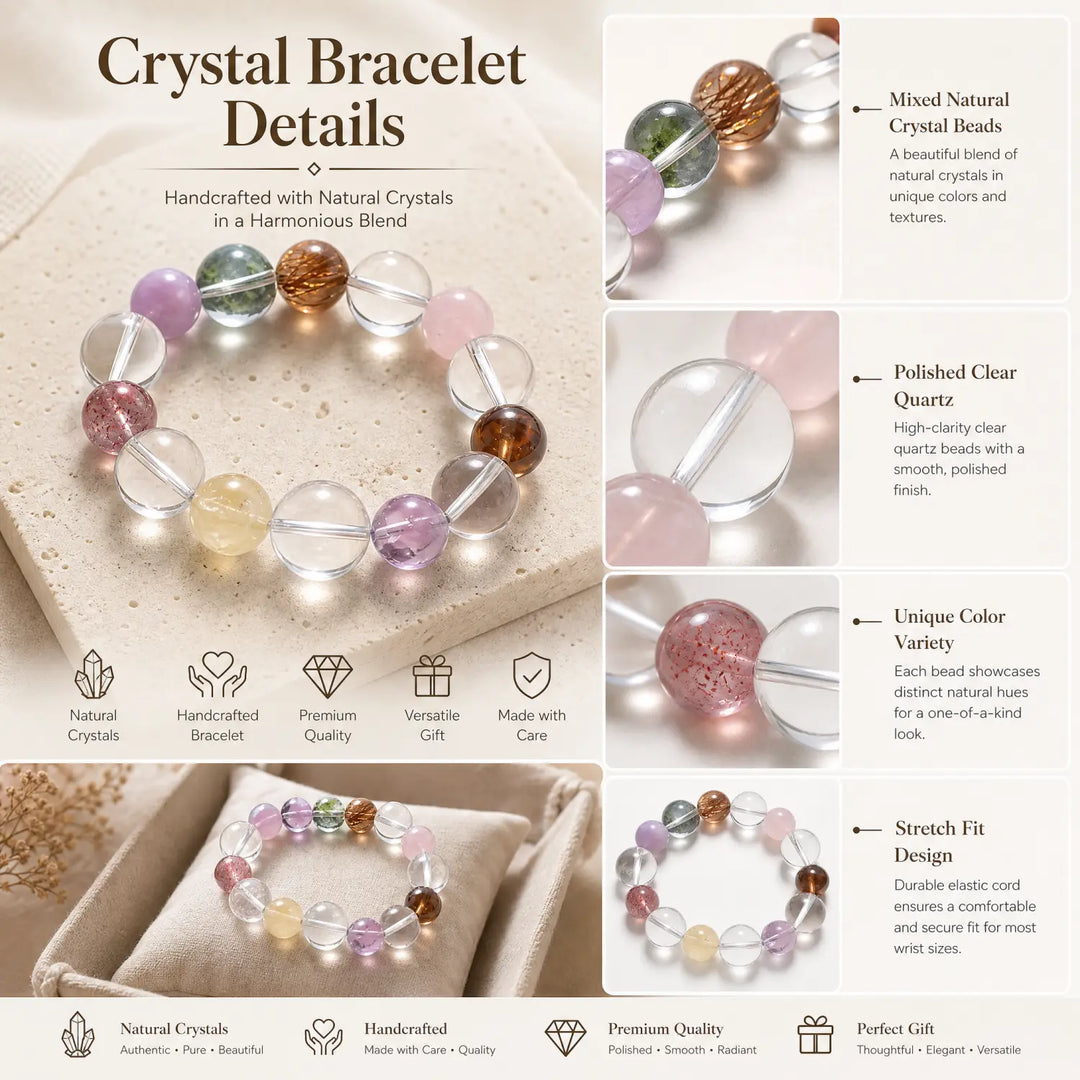17mm Multi-Stone Crystal Bracelet with Amethyst, Rose Quartz, Clear Quartz - mixed crystal jewelry gift ready box details