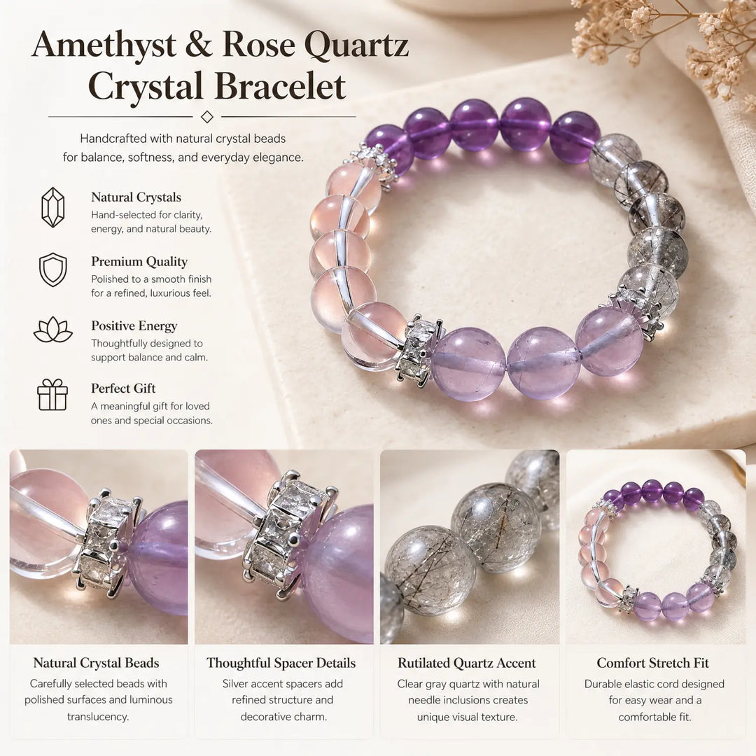 10mm Multi-Stone Crystal Bracelet with Amethyst, Black Rutilated Quartz, Rose Quartz - mixed crystal jewelry gift ready box details