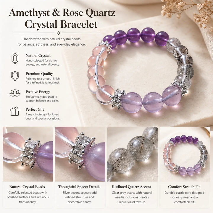 10mm Multi-Stone Crystal Bracelet with Amethyst, Black Rutilated Quartz, Rose Quartz - mixed crystal jewelry gift ready box details
