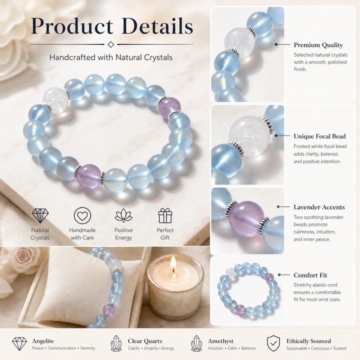 10mm Multi-Stone Crystal Bracelet with Clear Quartz, Aquamarine, Kunzite - opalite glass jewelry gift ready box details