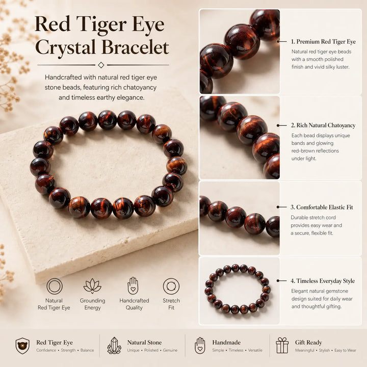 10mm Natural Tiger Eye Bracelet - red tiger eye jewelry gift ready box details