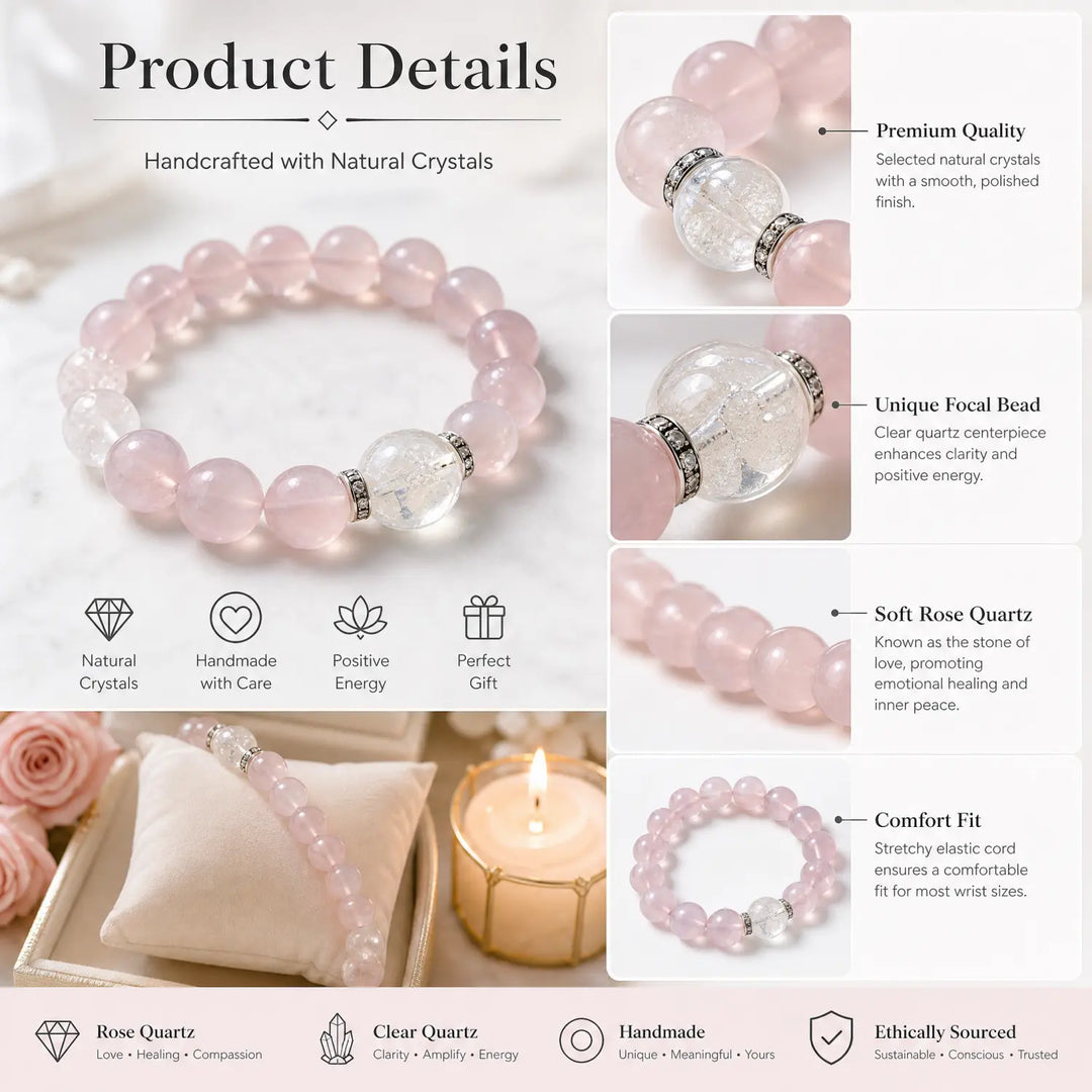 12mm Rose Quartz & White Phantom Quartz Bracelet - 06 rose quartz jewelry gift ready box details