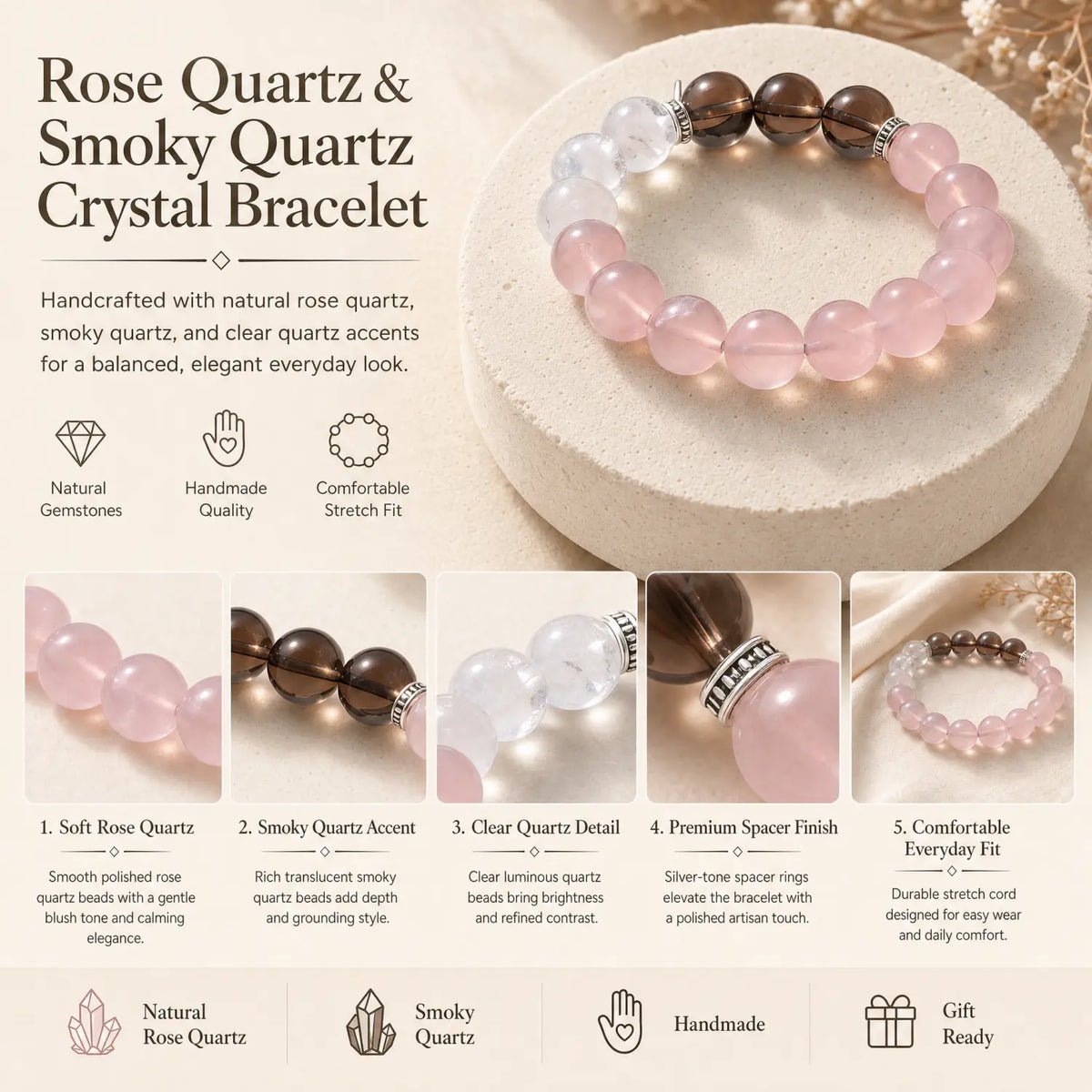 12mm Multi-Stone Crystal Bracelet with Clear Quartz, Rose Quartz, Smoky Quartz - rose quartz jewelry gift ready box details