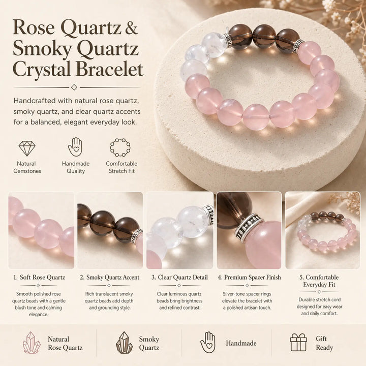 12mm Multi-Stone Crystal Bracelet with Clear Quartz, Rose Quartz, Smoky Quartz - rose quartz jewelry gift ready box details