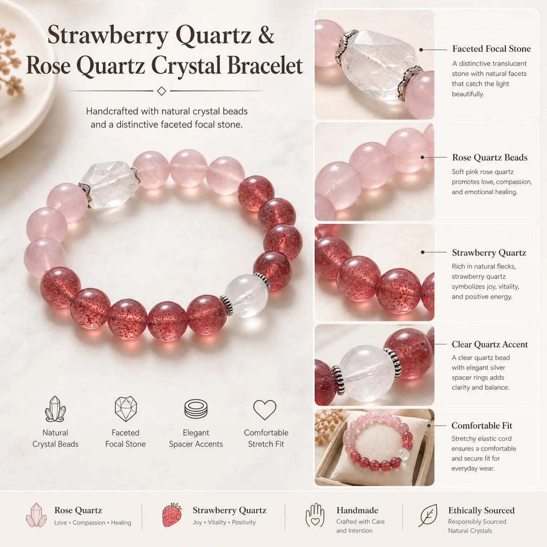 12mm Multi-Stone Crystal Bracelet with Rose Quartz, Clear Quartz, Strawberry Quartz - rose quartz jewelry gift ready box details