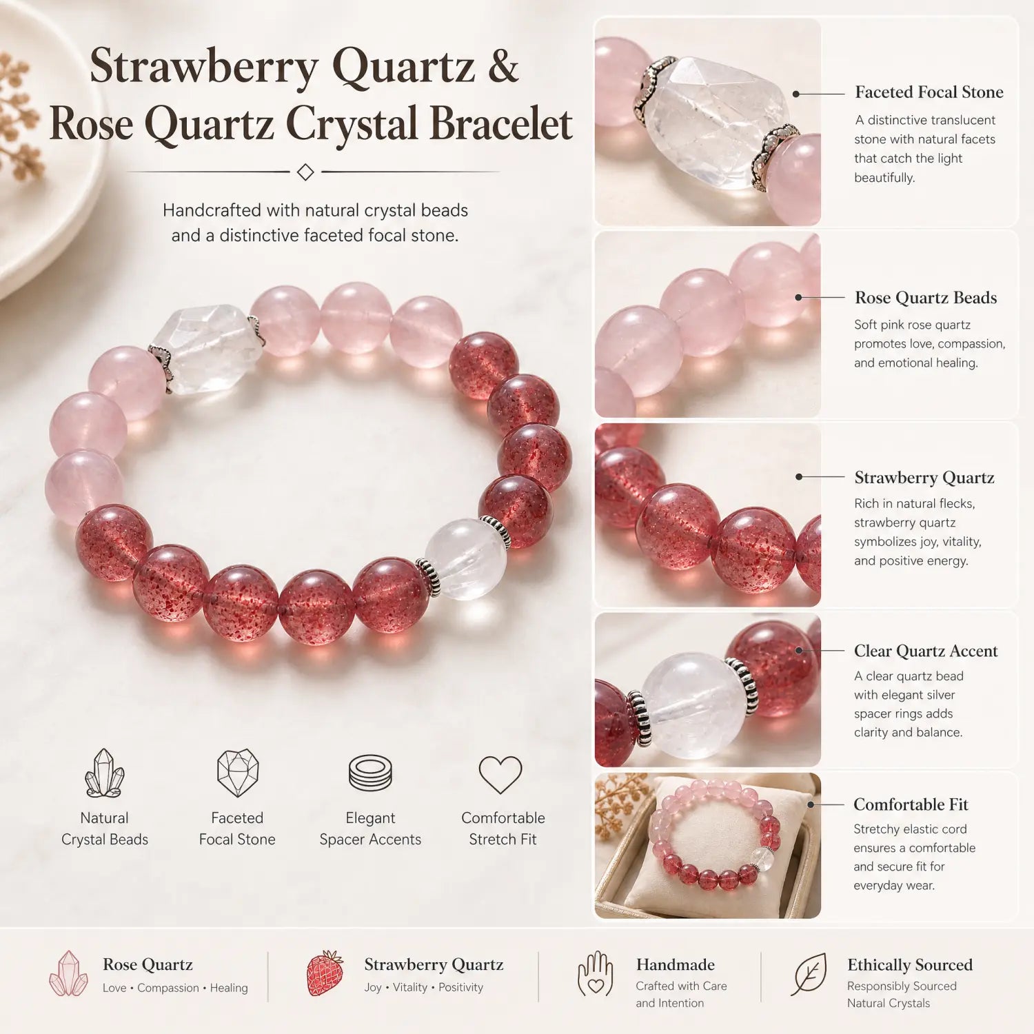 12mm Multi-Stone Crystal Bracelet with Rose Quartz, Clear Quartz, Strawberry Quartz - rose quartz jewelry gift ready box details