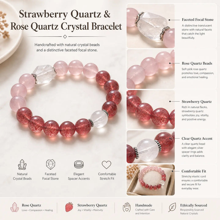 12mm Multi-Stone Crystal Bracelet with Rose Quartz, Clear Quartz, Strawberry Quartz - rose quartz jewelry gift ready box details