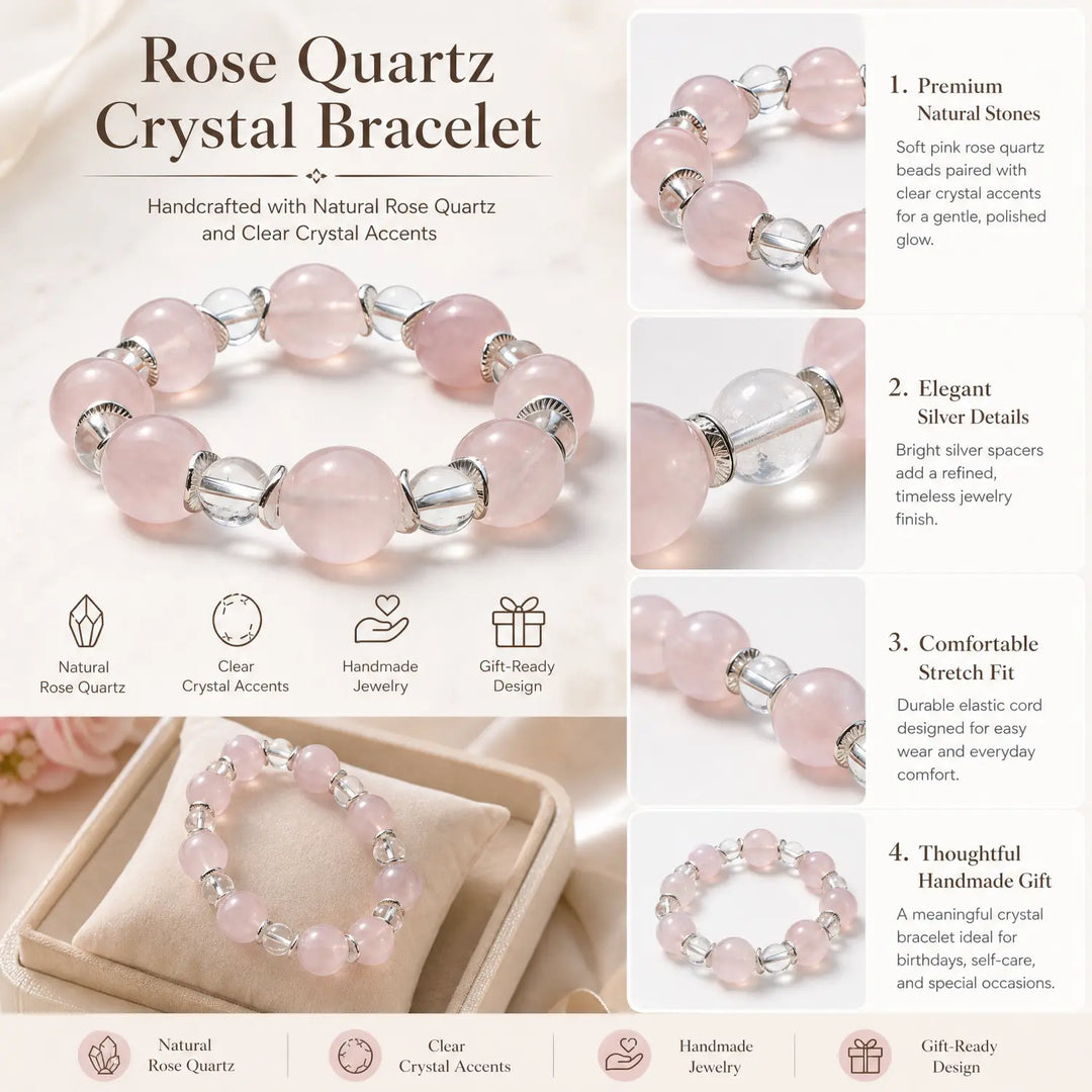 14mm Rose Quartz & Clear Quartz Bracelet - rose quartz jewelry gift ready box details