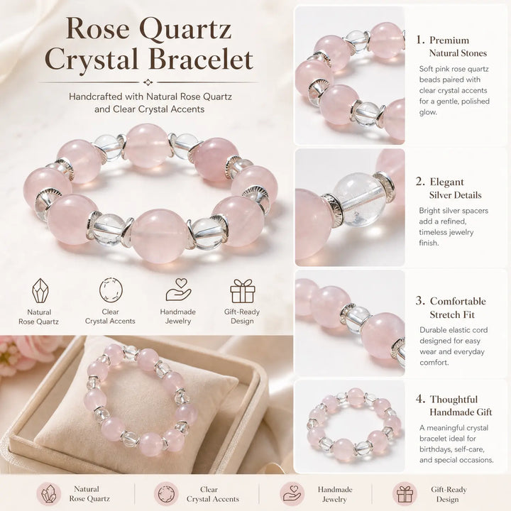 14mm Rose Quartz & Clear Quartz Bracelet - rose quartz jewelry gift ready box details