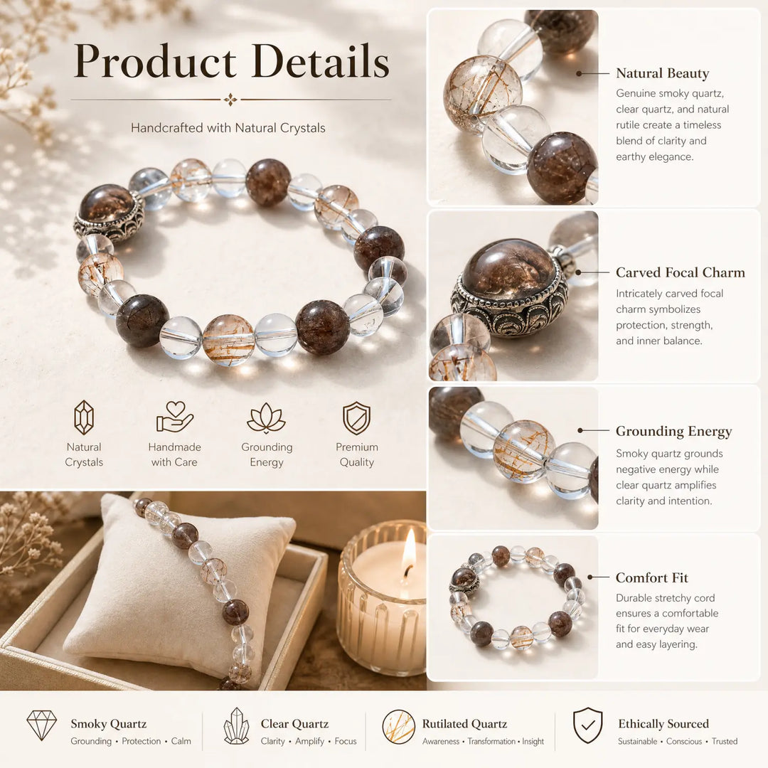 11mm Multi-Stone Crystal Bracelet with Clear Quartz, Copper Rutilated Quartz, Black Rutilated Quartz - rutilated quartz jewelry gift ready box details