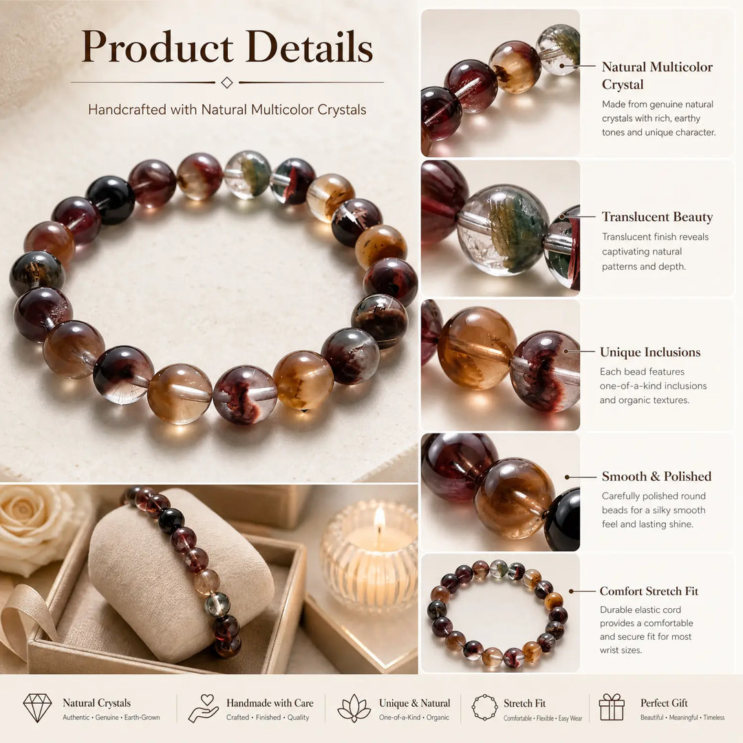 10mm Natural Phantom Quartz Bracelet - rutilated quartz jewelry gift ready box details