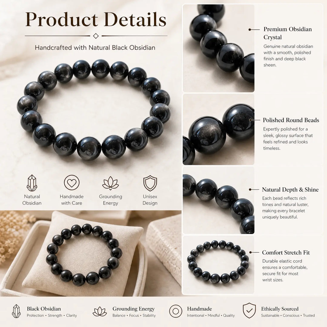 10mm Silver Obsidian & Obsidian Bracelet - silver sheen obsidian jewelry gift ready box details