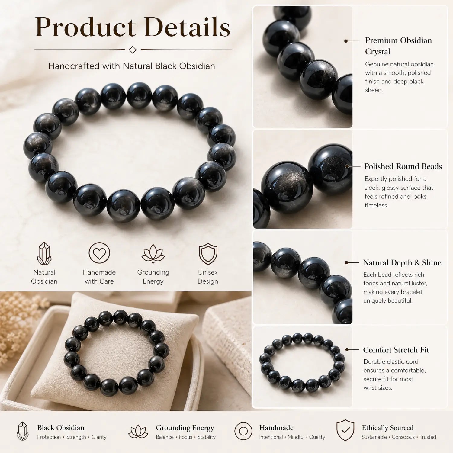 10mm Silver Obsidian & Obsidian Bracelet - silver sheen obsidian jewelry gift ready box details