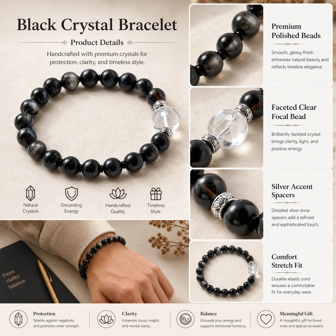 8mm Obsidian, Silver Sheen Obsidian & Clear Quartz Bracelet - silver sheen obsidian jewelry gift ready box details