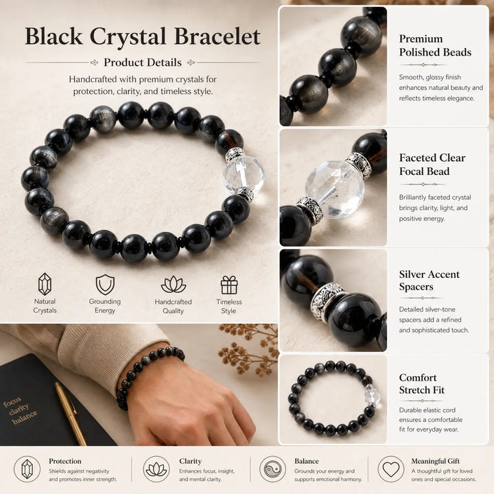 8mm Obsidian, Silver Sheen Obsidian & Clear Quartz Bracelet - silver sheen obsidian jewelry gift ready box details
