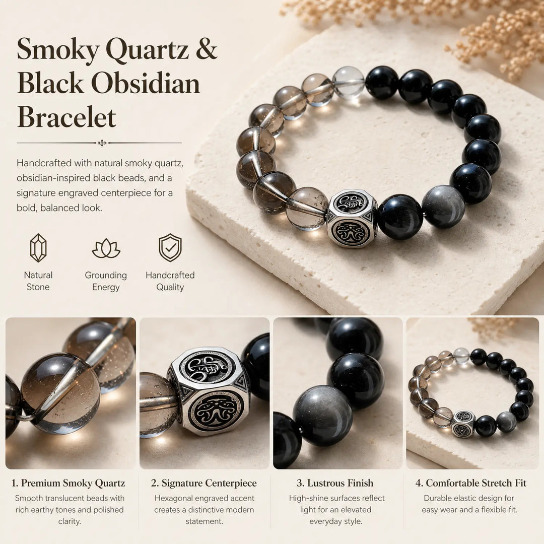 10mm Multi-Stone Crystal Bracelet with Clear Quartz, Obsidian, Smoky Quartz - smoky quartz jewelry gift ready box details