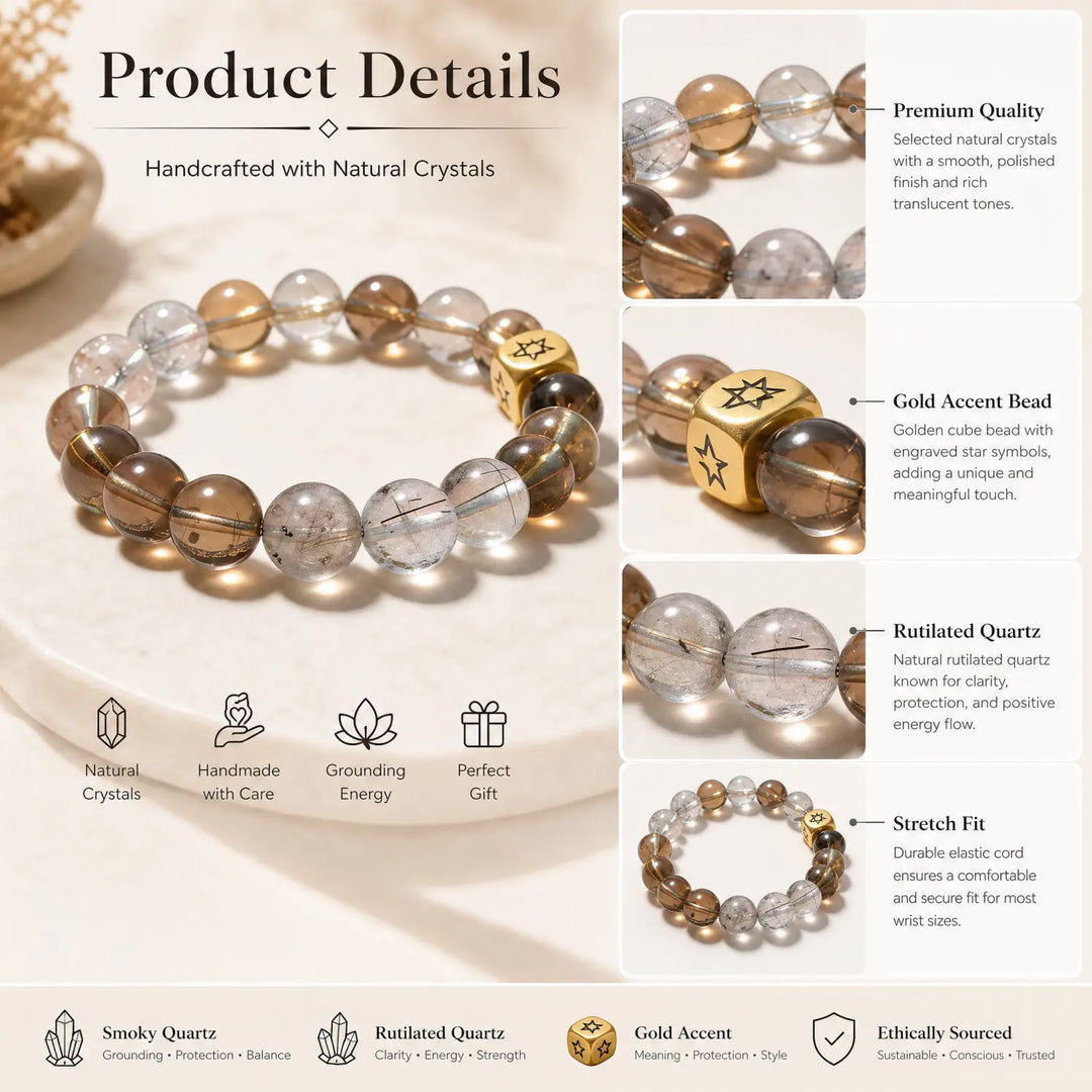 10mm Multi-Stone Crystal Bracelet with Clear Quartz, Rutilated Quartz, Smoky Quartz - smoky quartz jewelry gift ready box details