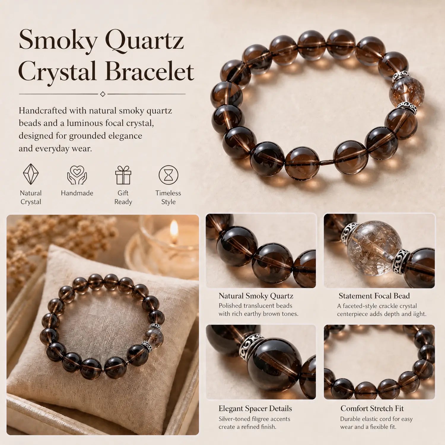 12mm Smoky Quartz Bracelet - 06 smoky quartz jewelry gift ready box details