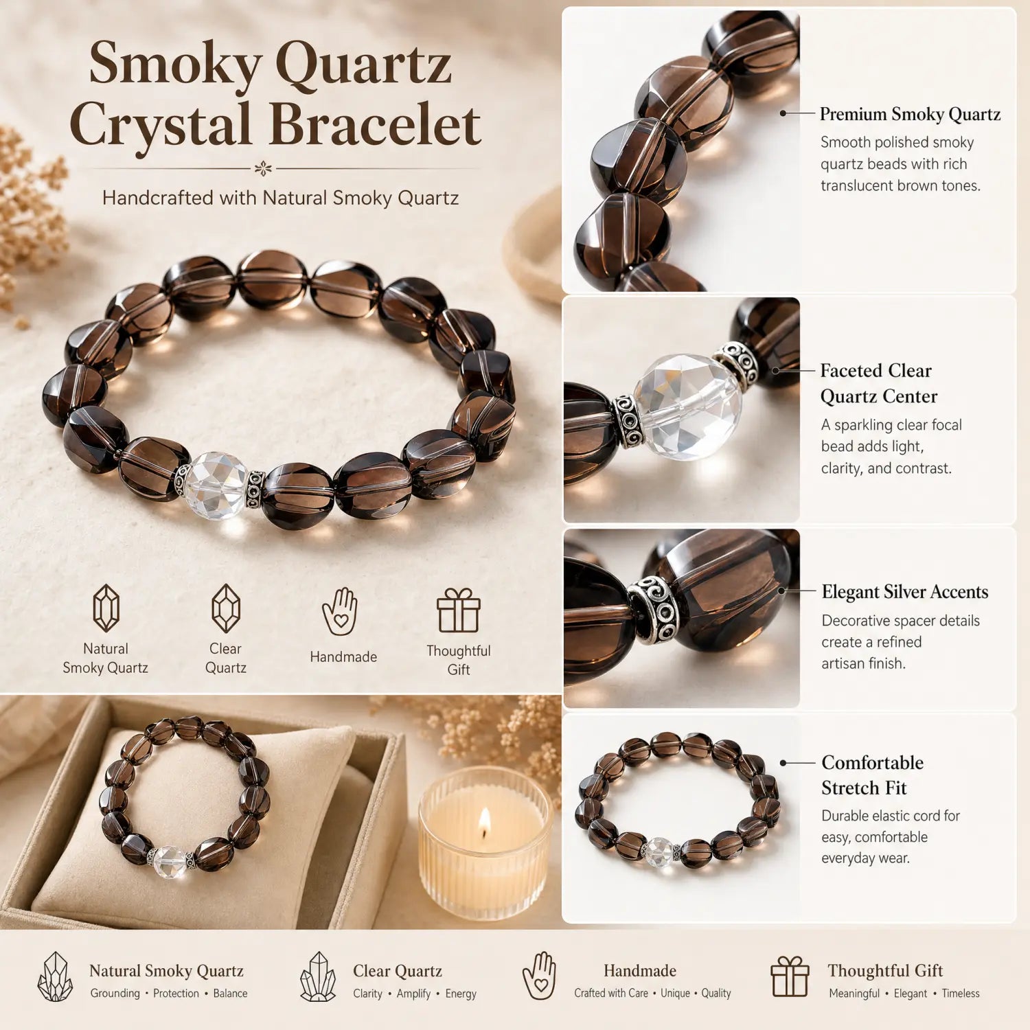 Clear Quartz & Smoky Quartz Bracelet - 06 smoky quartz jewelry gift ready box details