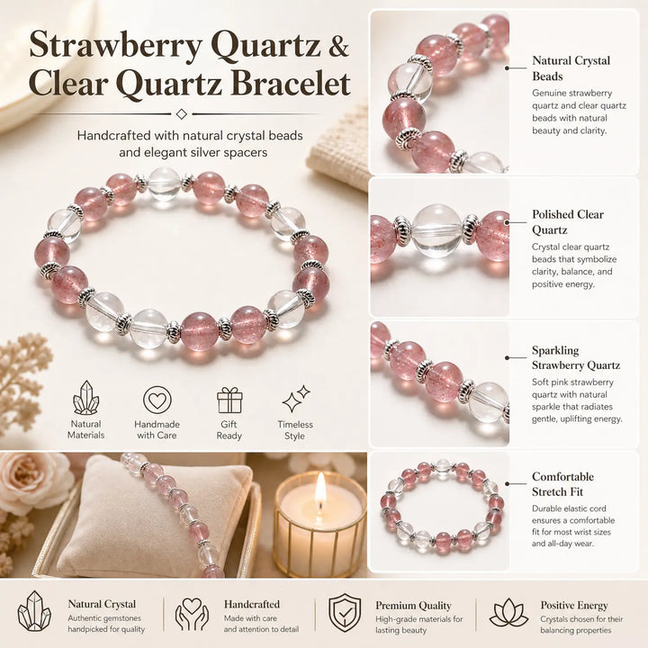8mm Clear Quartz & Strawberry Quartz Bracelet - 06 strawberry quartz jewelry gift ready box details