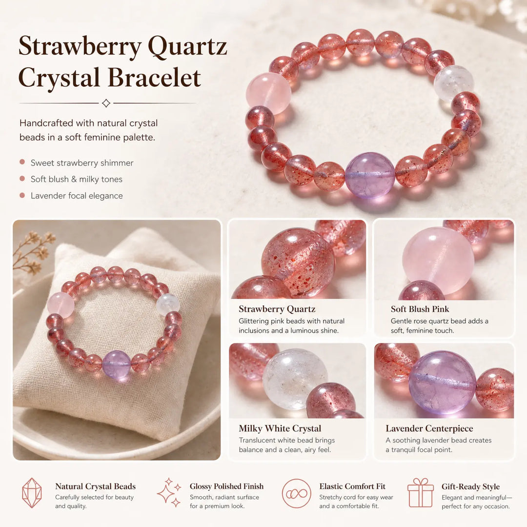 8mm Multi-Stone Crystal Bracelet with Amethyst, Rose Quartz, Clear Quartz - strawberry quartz jewelry gift ready box details