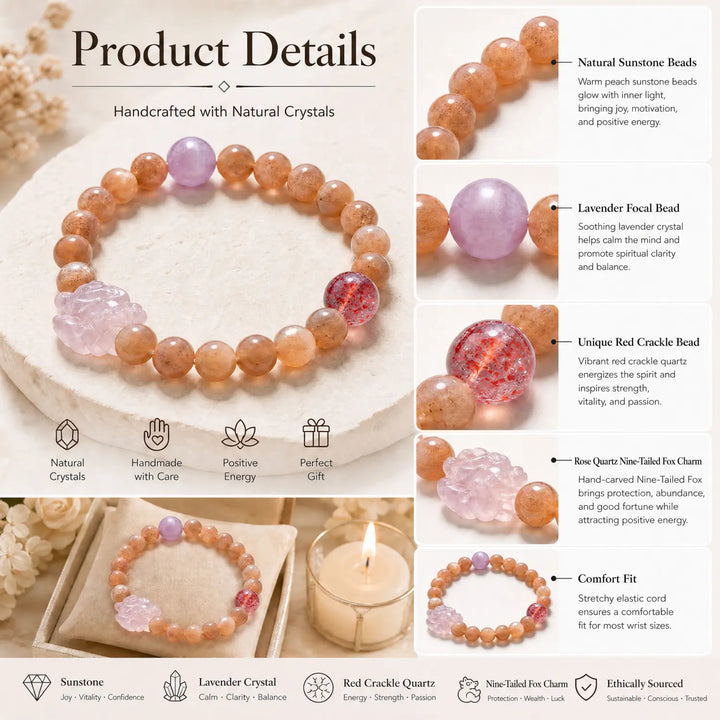 8mm Rose Quartz & Sunstone Bracelet - 06 sunstone jewelry gift ready box details