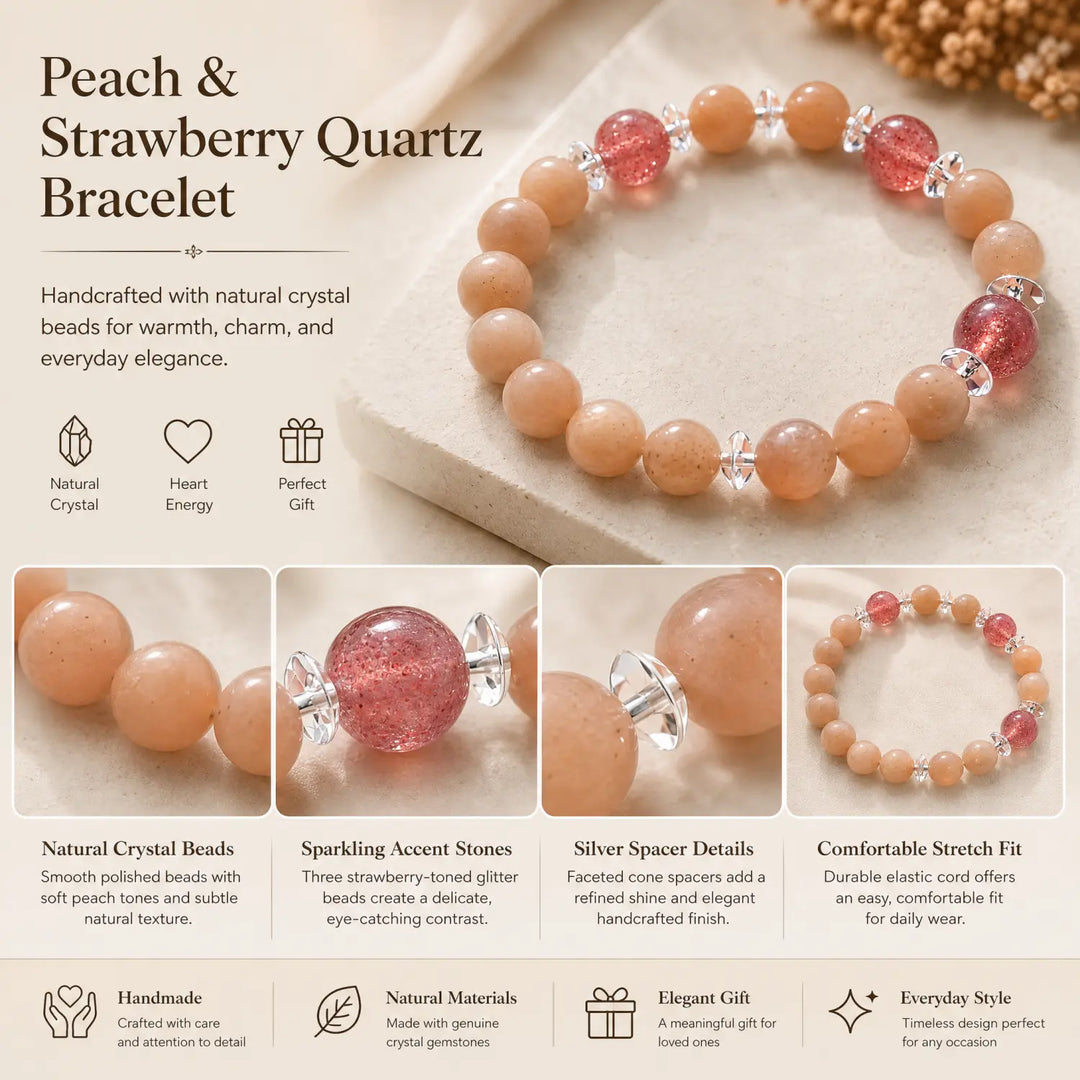10mm Multi-Stone Crystal Bracelet with Orange Moonstone, Strawberry Quartz, Moonstone - sunstone jewelry gift ready box details