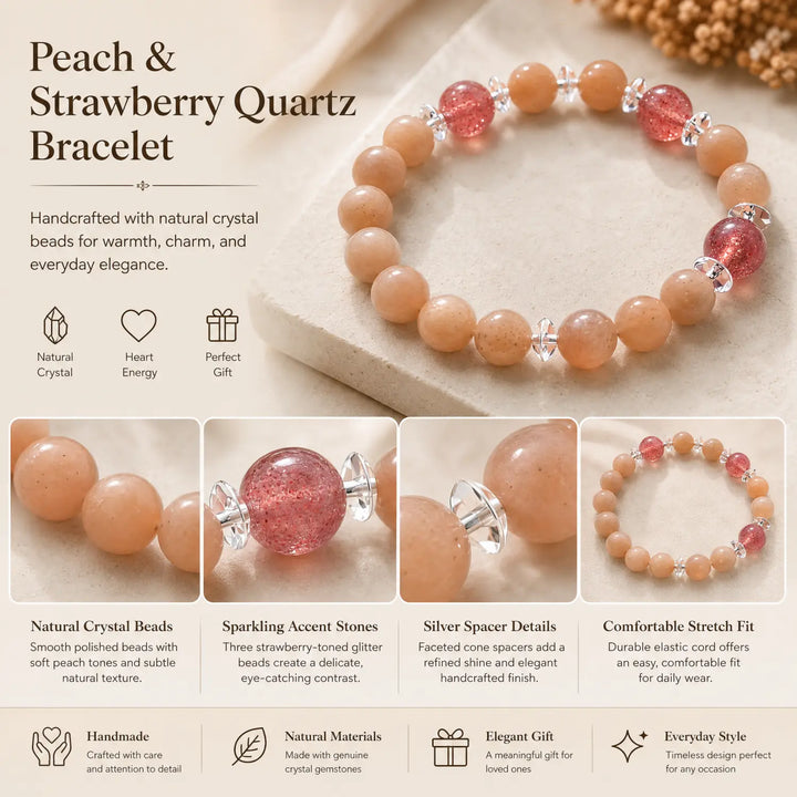 10mm Multi-Stone Crystal Bracelet with Orange Moonstone, Strawberry Quartz, Moonstone - sunstone jewelry gift ready box details