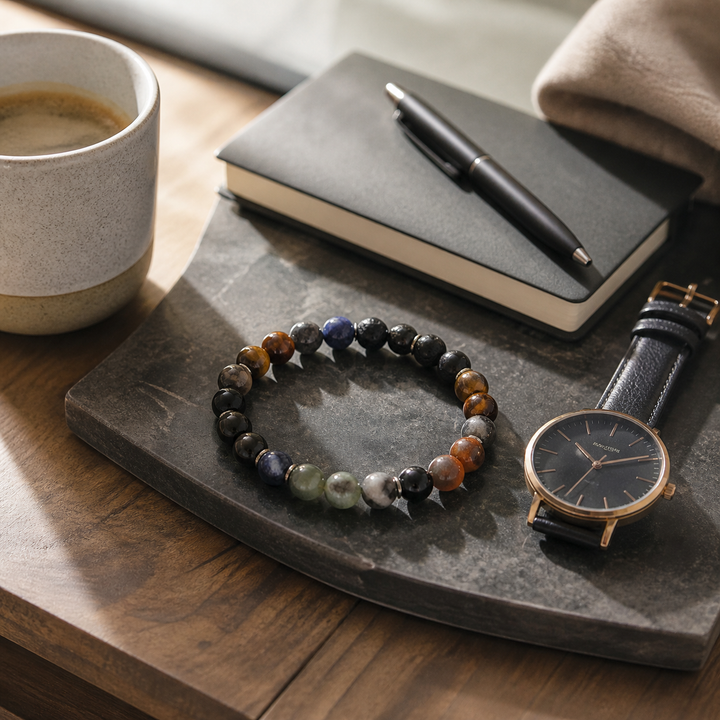 Lifestyle scene for 12mm Multi-Stone Crystal Bracelet with Amethyst, Clear Quartz, Gold Obsidian | QZENI crystal bracelet