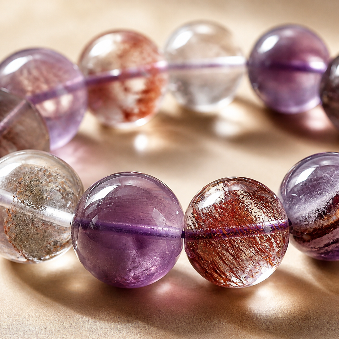 Macro bead detail for 14mm Multi-Stone Crystal Bracelet with Amethyst, Clear Quartz, Super Seven | QZENI crystal bracelet
