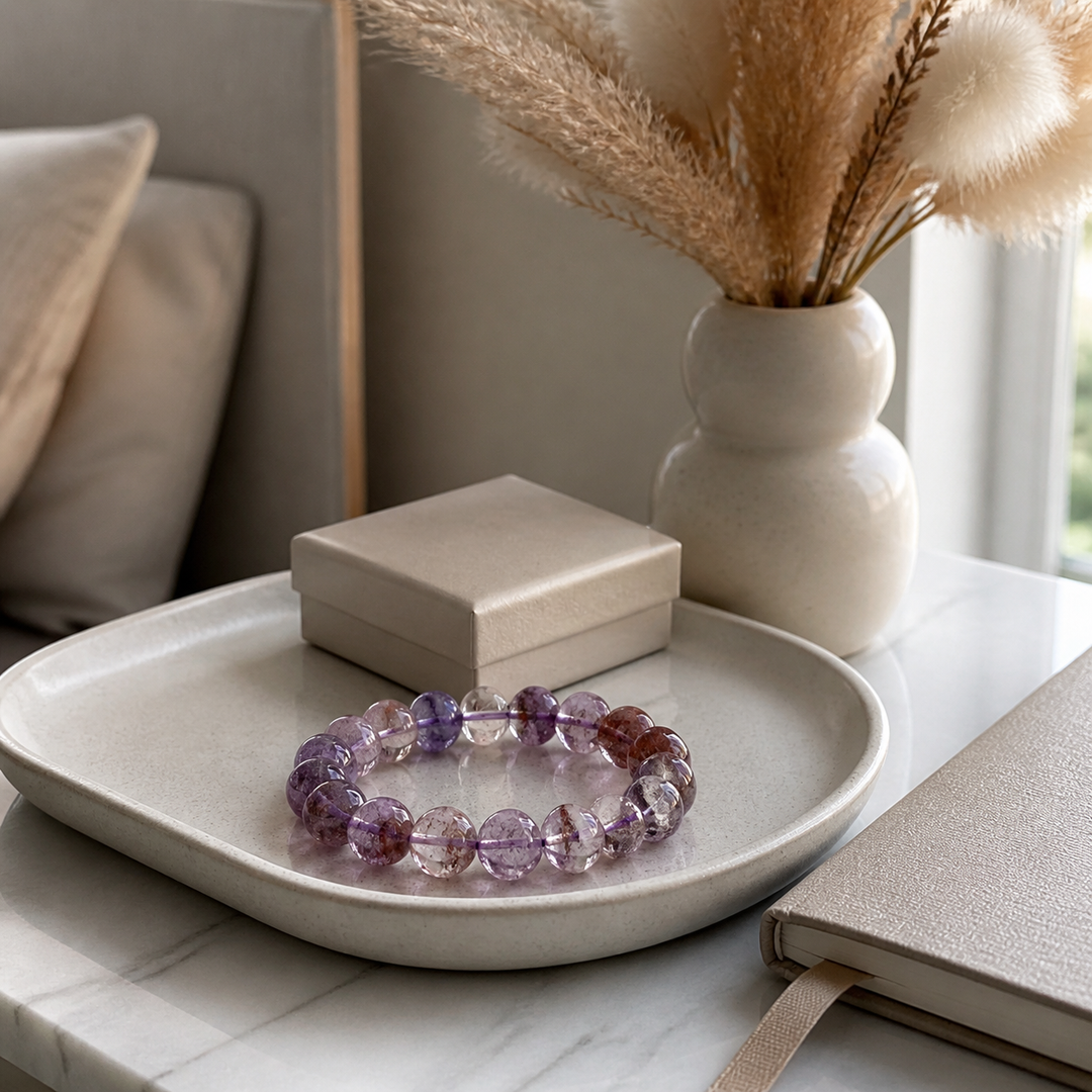 Lifestyle scene for 14mm Multi-Stone Crystal Bracelet with Amethyst, Clear Quartz, Super Seven | QZENI crystal bracelet