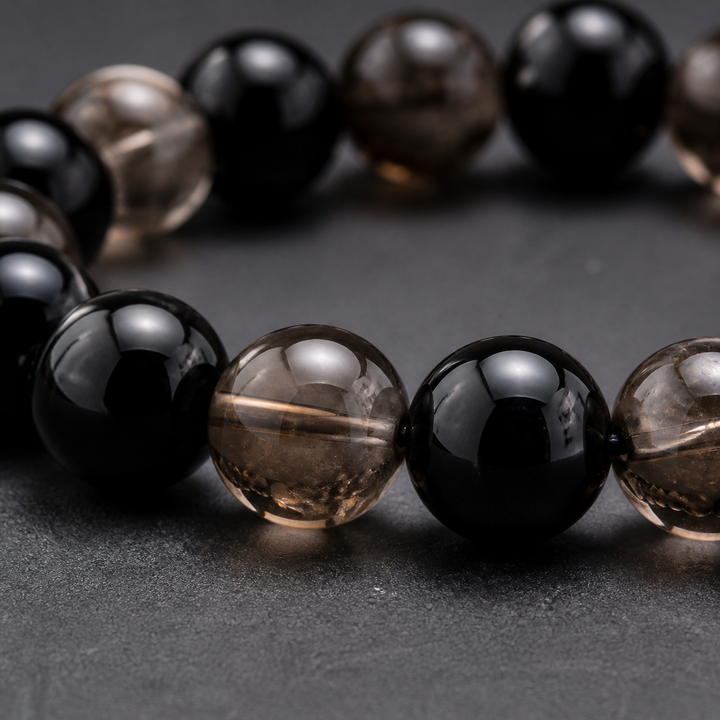 Macro bead detail for 12mm Obsidian & Smoky Quartz Bracelet | QZENI crystal bracelet