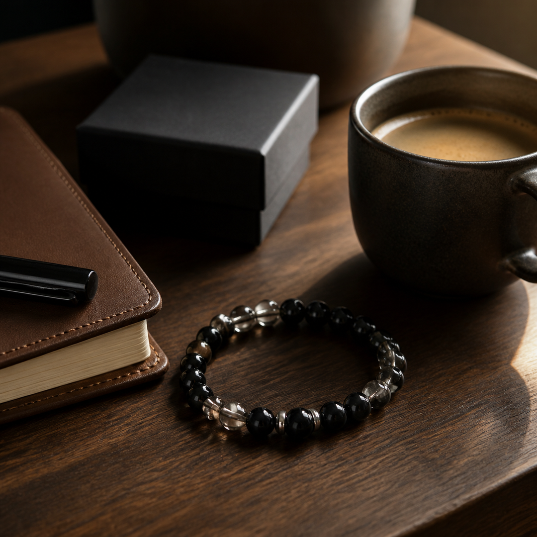 Lifestyle scene for 12mm Obsidian & Smoky Quartz Bracelet | QZENI crystal bracelet