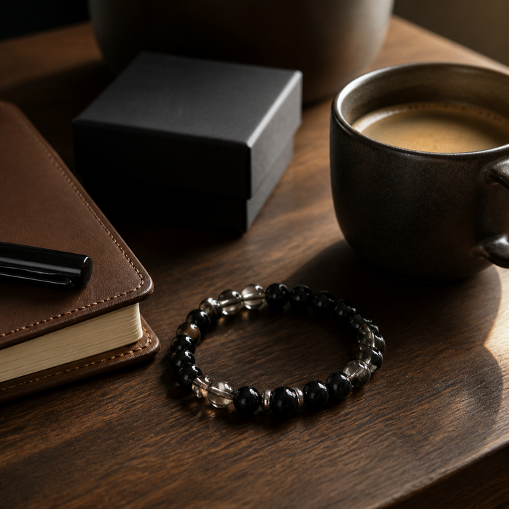 Lifestyle scene for 12mm Obsidian & Smoky Quartz Bracelet | QZENI crystal bracelet