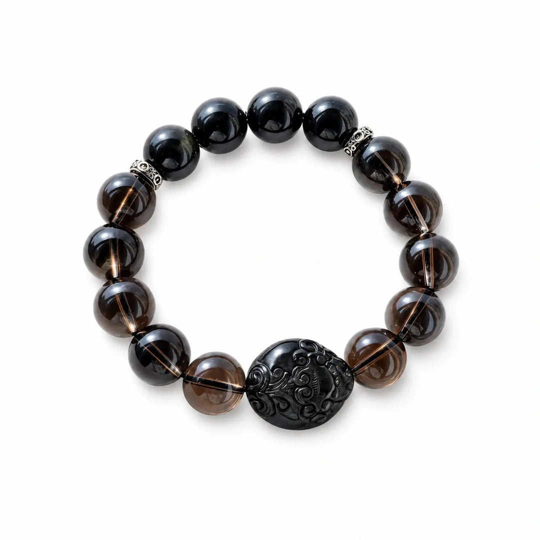 12mm Obsidian and Smoky Quartz natural crystal bracelet by QZENI