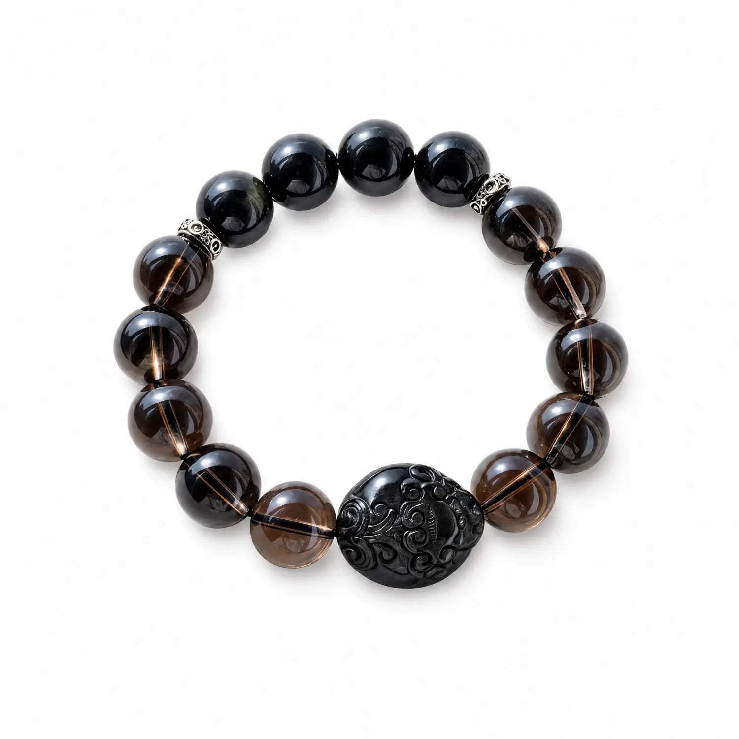 12mm Obsidian and Smoky Quartz natural crystal bracelet by QZENI