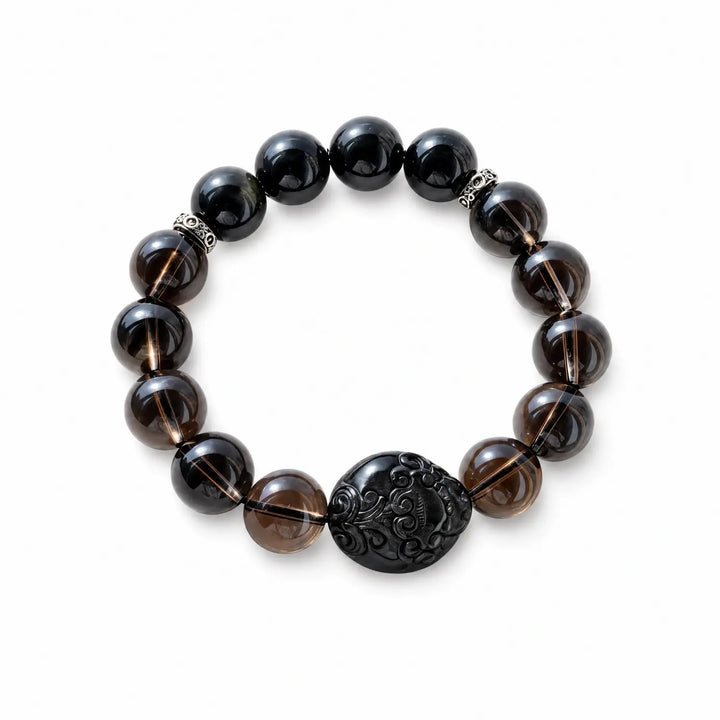 12mm Obsidian and Smoky Quartz natural crystal bracelet by QZENI