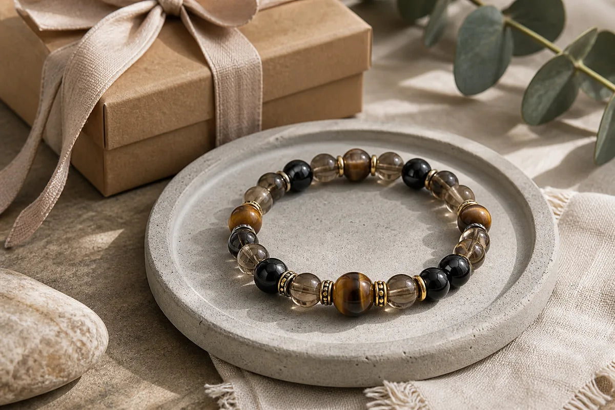 Grounding crystal bracelet gift with obsidian smoky quartz and tiger eye tones