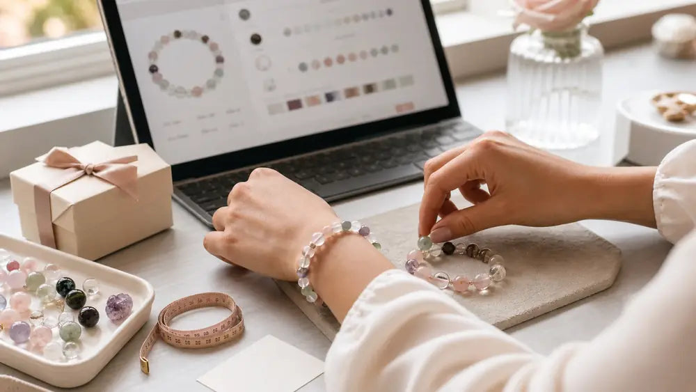 Custom crystal bracelet design desk with natural stone beads, wrist measuring tape, and gift box