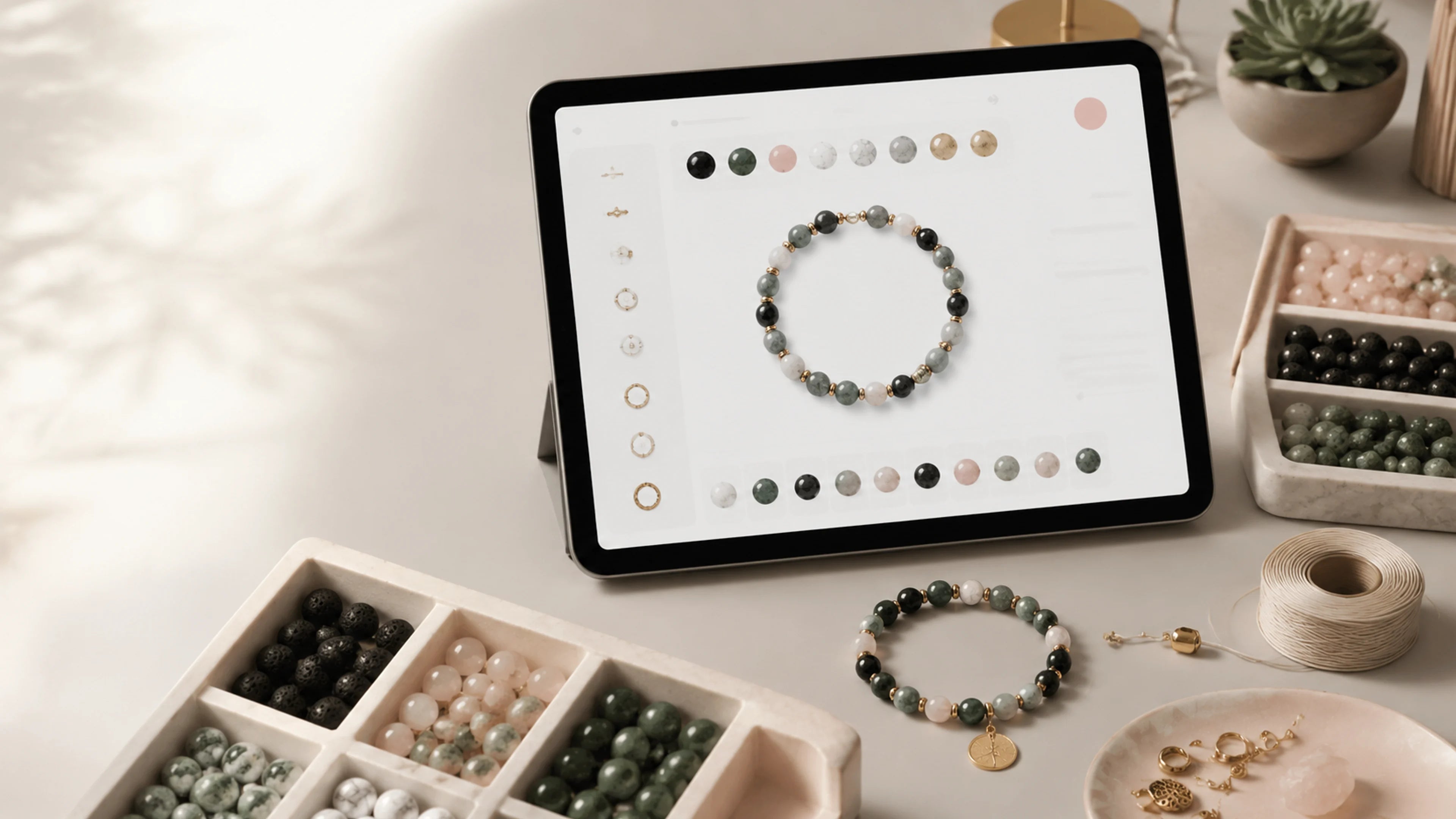 Custom bracelet design workspace with stone beads and a tablet interface