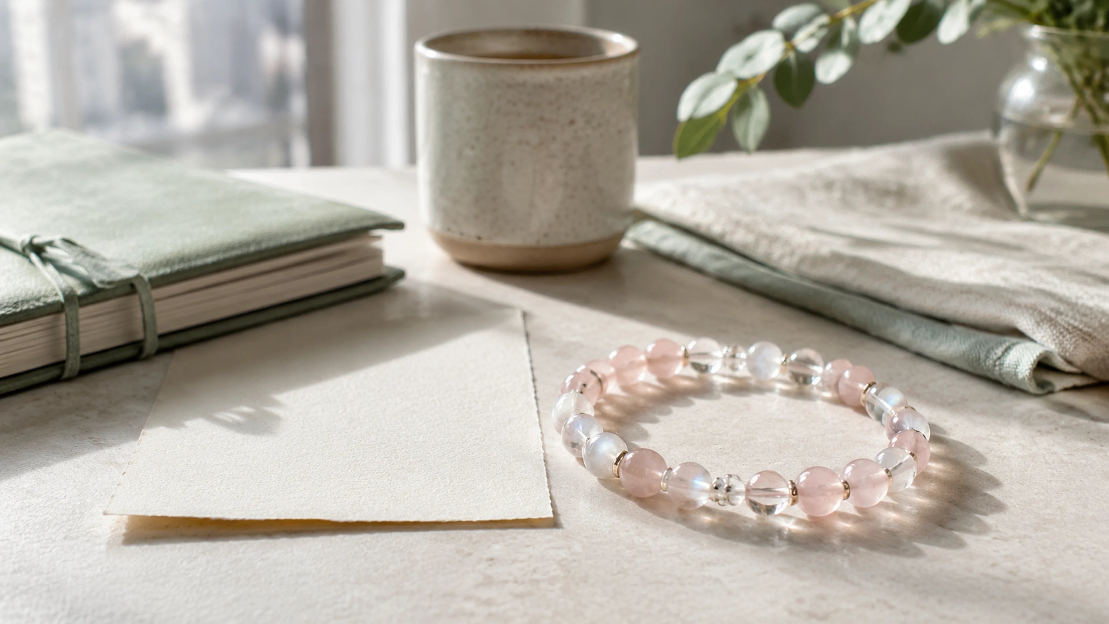 A rose quartz and moonstone bracelet beside a journal and morning ritual objects