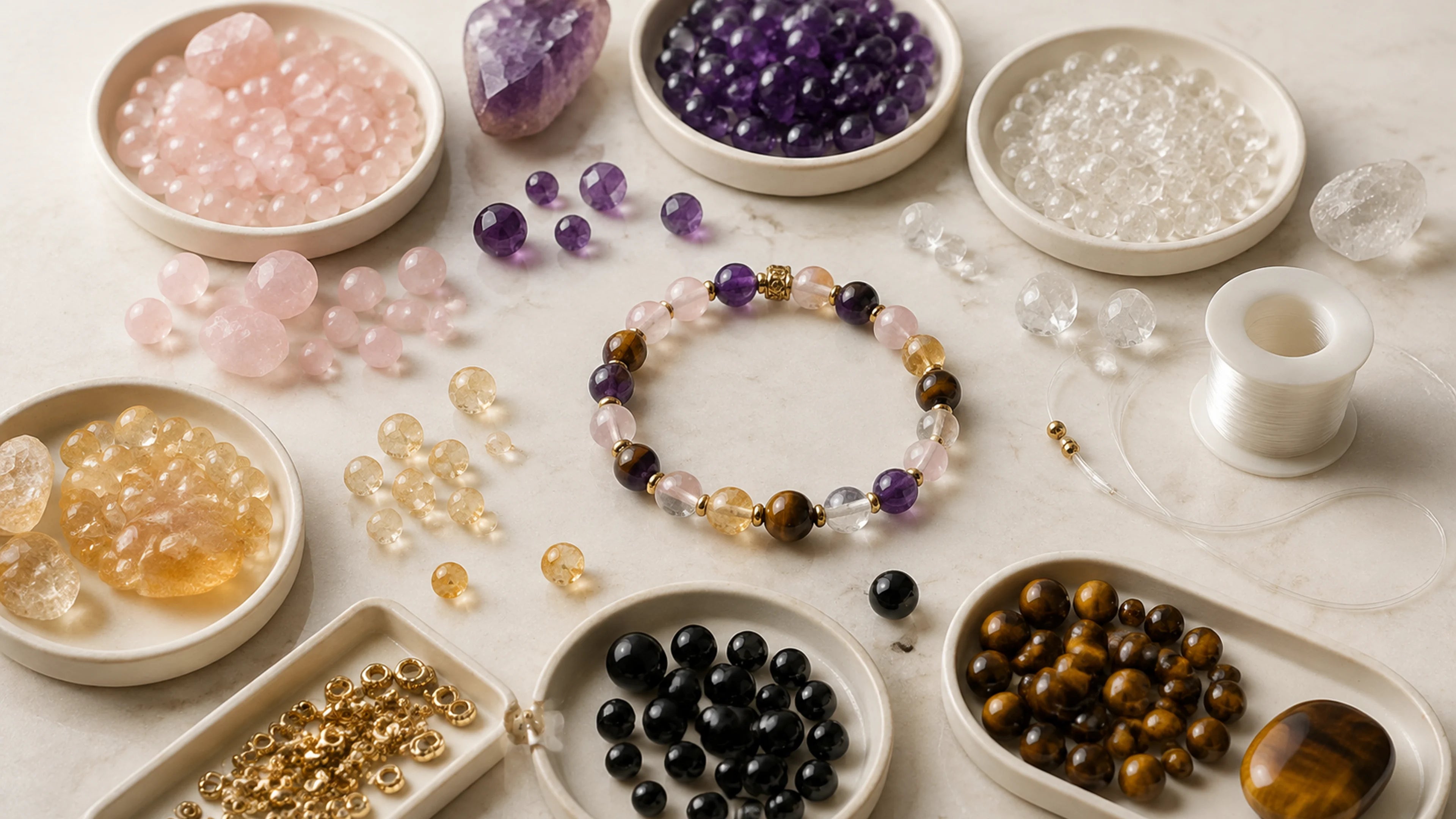 Natural stone beads and bracelet materials arranged for inspection