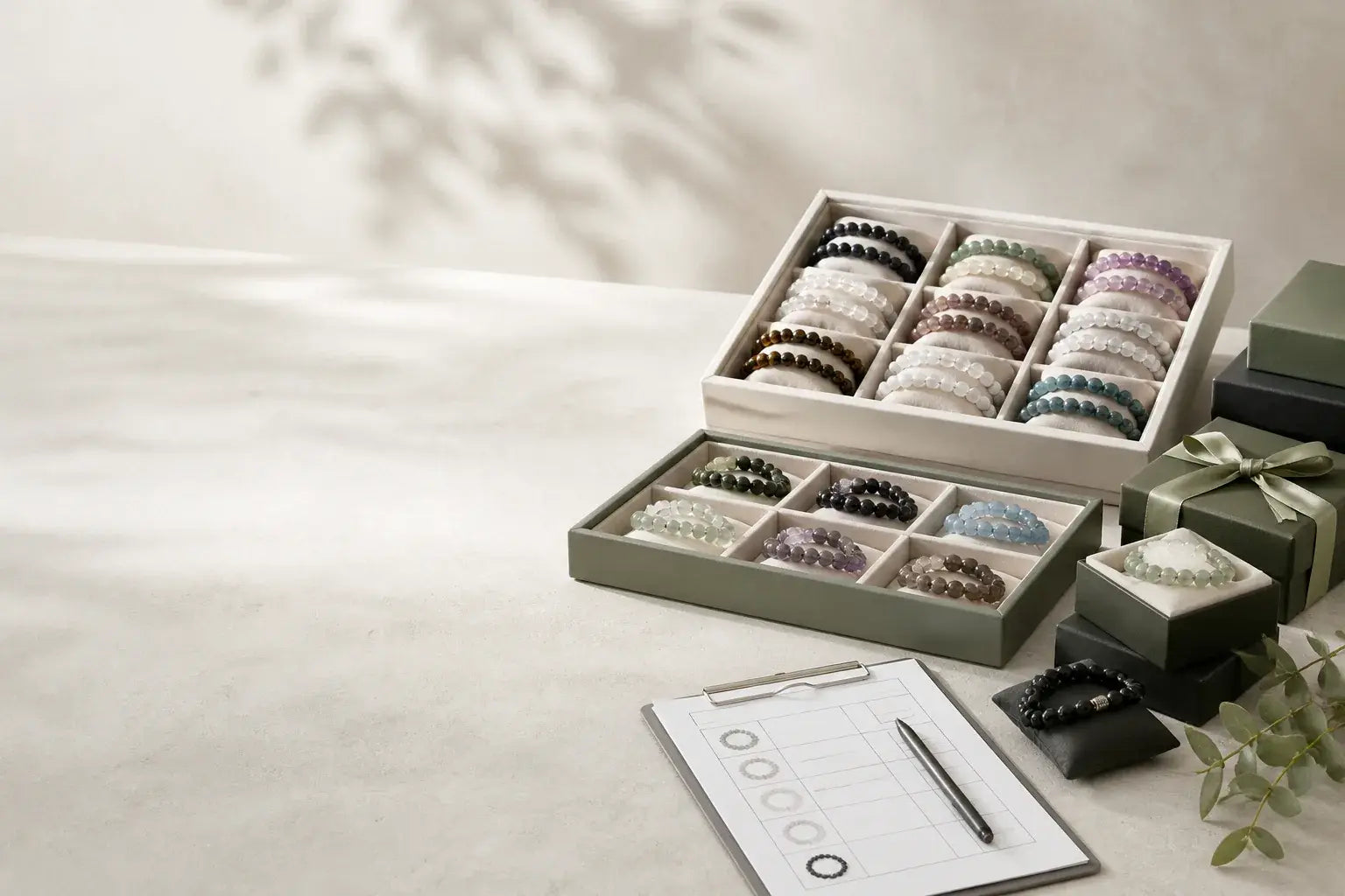 QZENI crystal bracelet assortment with gift boxes and product planning materials